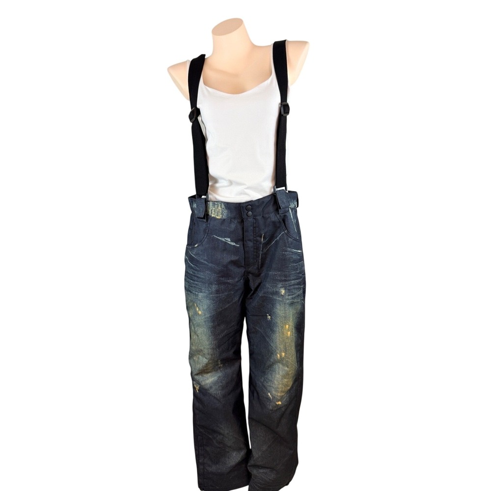 Arctic Queen Gorpcore Snowboard Ski Pants Distressed Faux Denim Bibs Blue XL